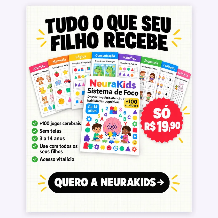 Tudo o que seu filho recebe: mais de 100 jogos, sem telas, de 3 a 14 anos, acesso vitalício