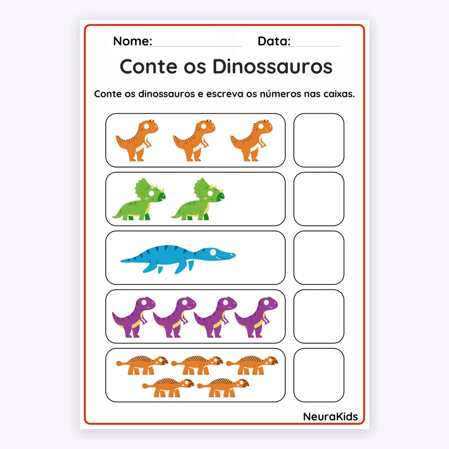 Folha “Conte os dinossauros” da Matemática Pré-escola